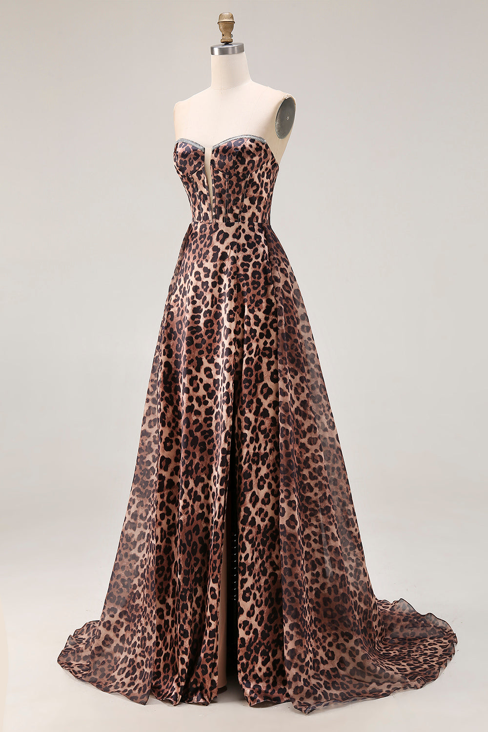 Strapless Brown Leopard Print A Line Long Corset Prom Dress