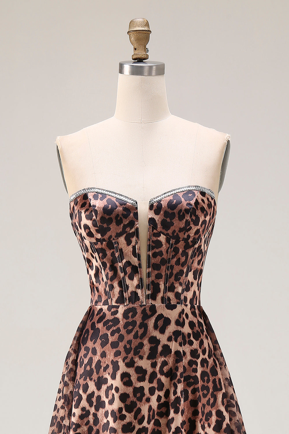 Strapless Brown Leopard Print A Line Long Corset Prom Dress