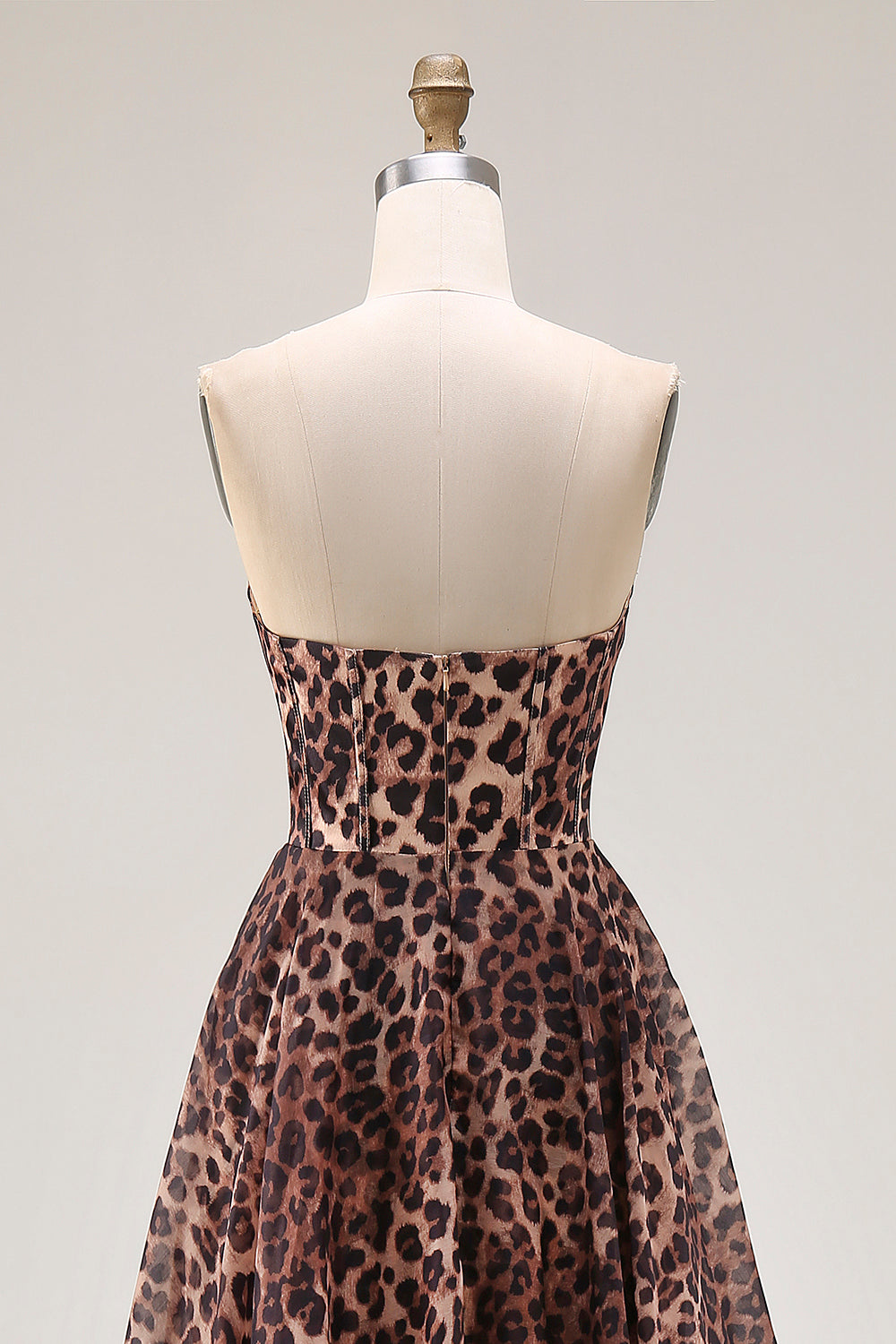 Strapless Brown Leopard Print A Line Long Corset Prom Dress