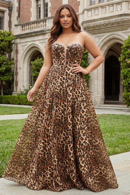 Brown Leopard Print Strapless A Line Long Corset Prom Dress