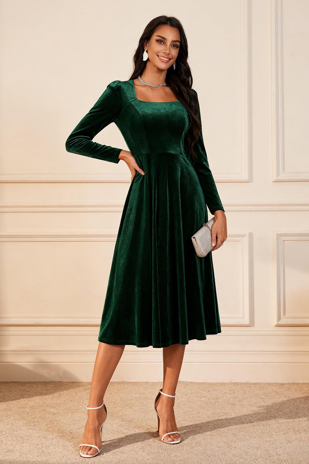 Dark Green Velvet A Line Midi Glitter Holiday Party Dress with Sleeves
