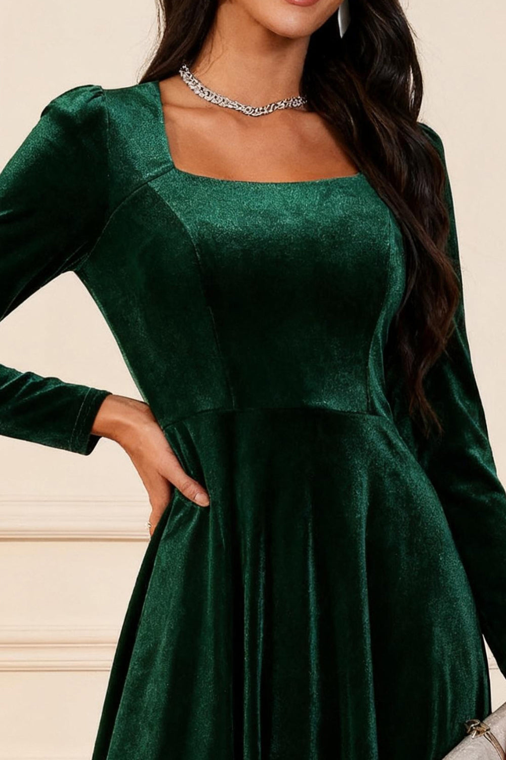 Dark Green Velvet A Line Midi Glitter Holiday Party Dress with Sleeves