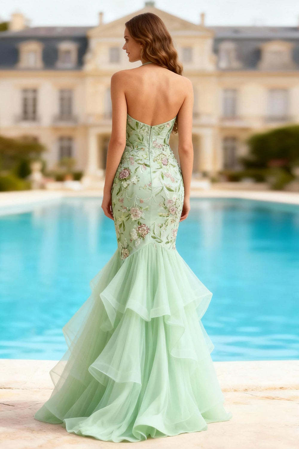 Dusty Sage Halter Neck Mermaid Floral Maxi Prom Dress