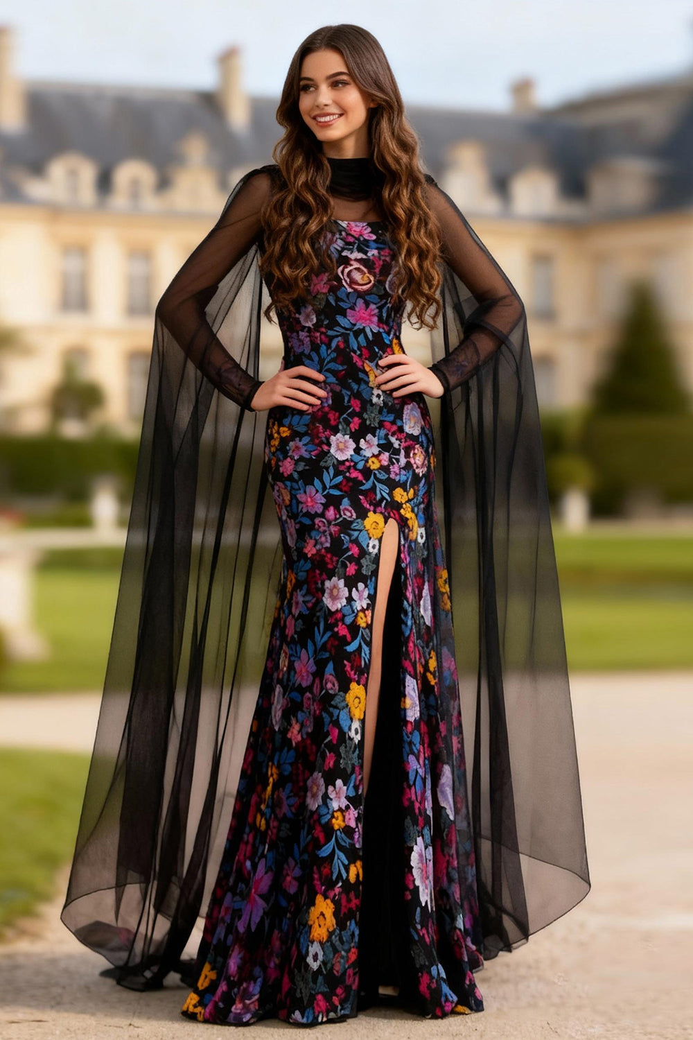 Leely Women Black Floral Long Sleeves Prom Dress with Slit High Neck Mermaid Gala Dress with Cape