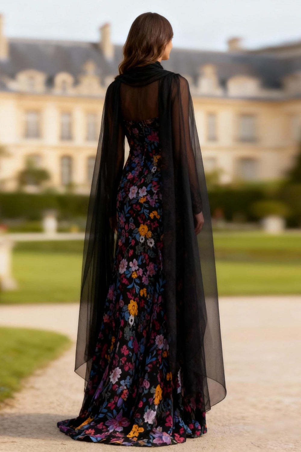 Black Floral Long Sleeves Mermaid Prom Dress with Slit
