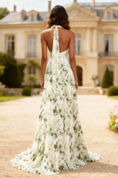 Dusty Sage Printed Floral Neck Scarf Maxi Prom Dress