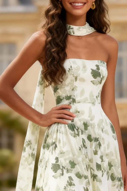 Dusty Sage Printed Floral Neck Scarf Maxi Prom Dress