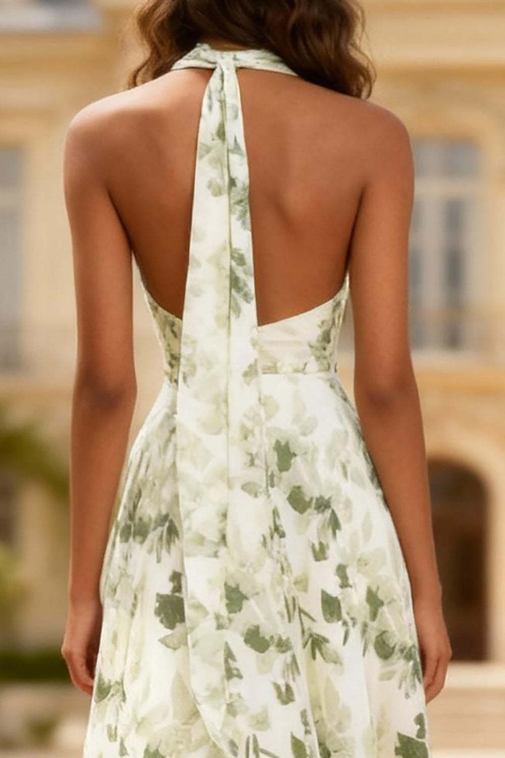 Dusty Sage Printed Floral Neck Scarf Maxi Prom Dress