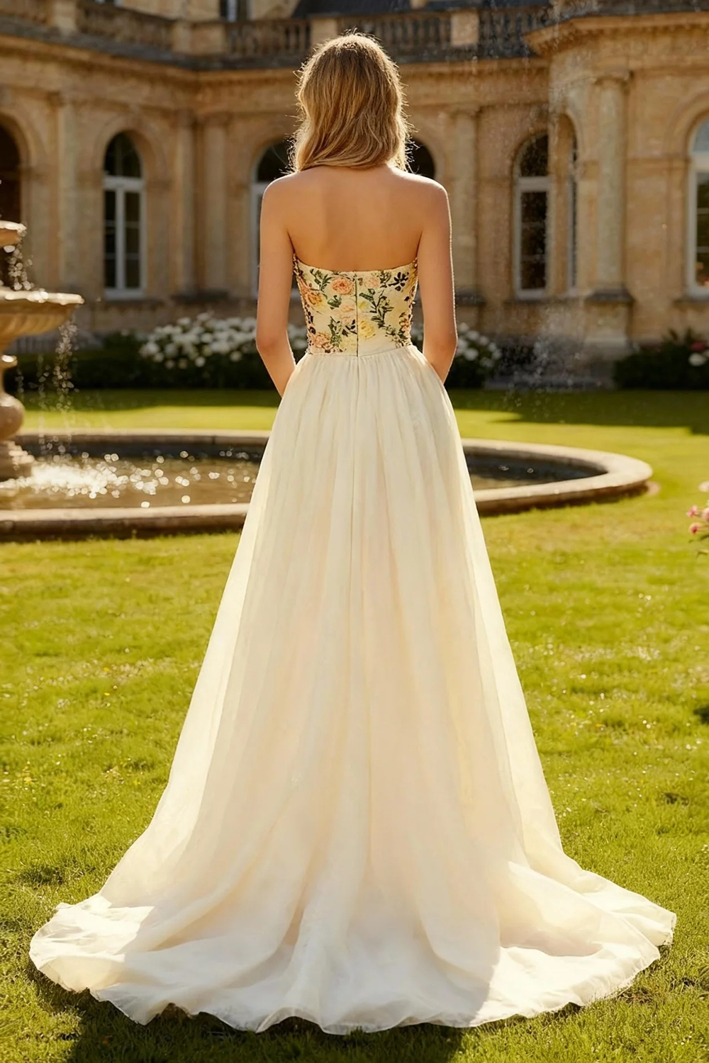 Champagne Strapless Floral A Line Maxi Prom Dress with Slit