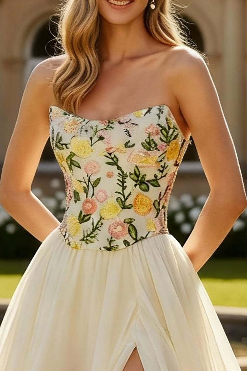 Champagne Strapless Floral A Line Maxi Prom Dress with Slit