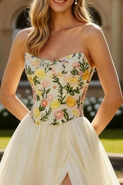 Champagne Strapless Floral A Line Maxi Prom Dress with Slit