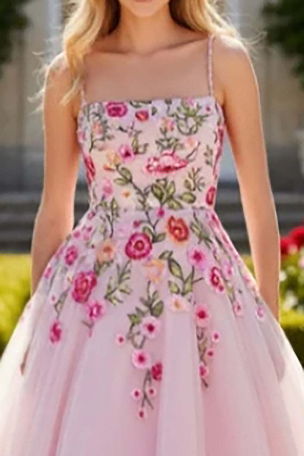 Sparkly Pink Spaghetti Straps Floral A Line Long Prom Dress