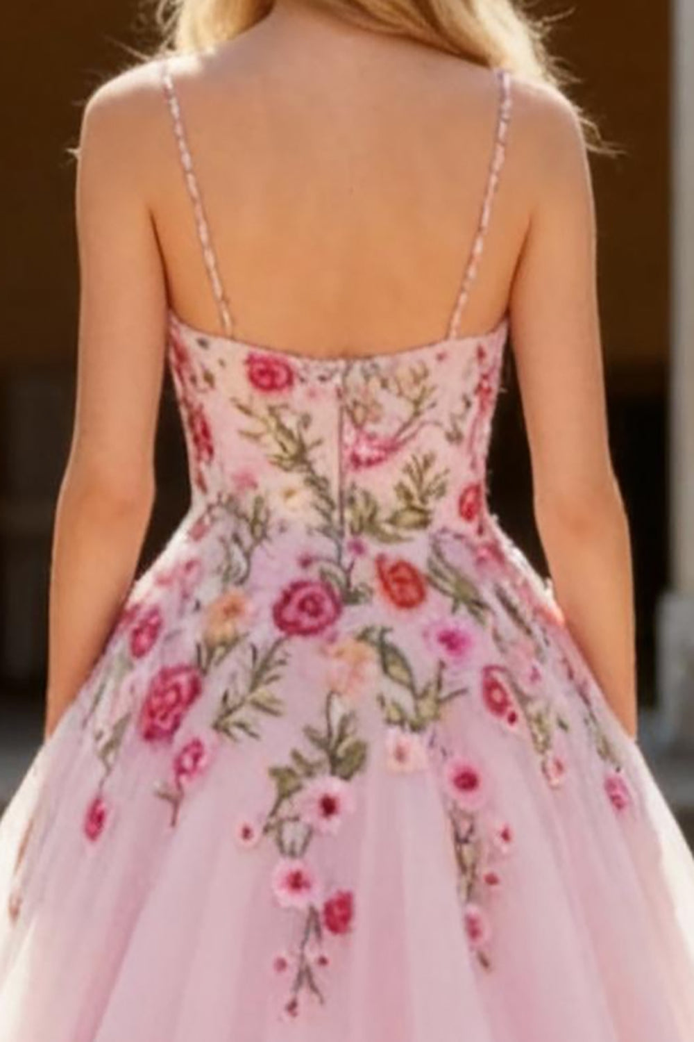 Sparkly Pink Spaghetti Straps Floral A Line Long Prom Dress