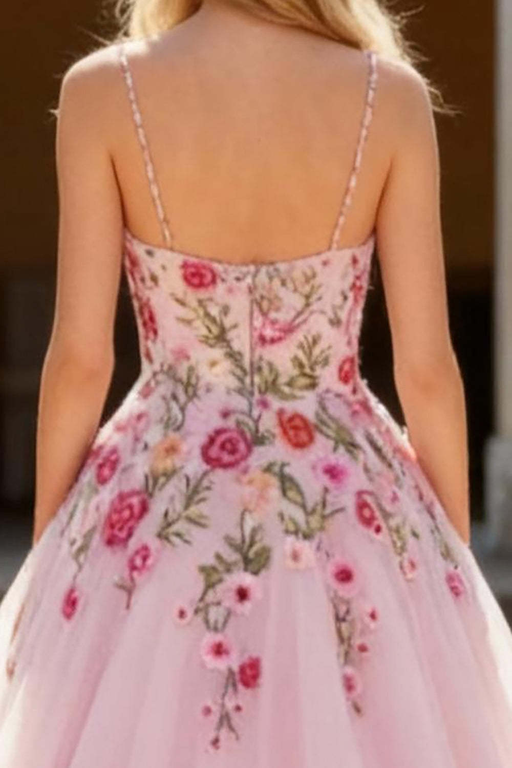 Sparkly Pink Spaghetti Straps Floral A Line Long Prom Dress