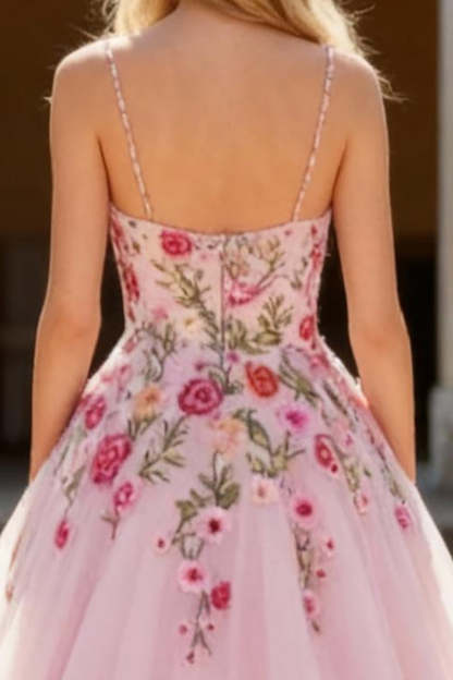 Sparkly Pink Spaghetti Straps Floral A Line Long Prom Dress