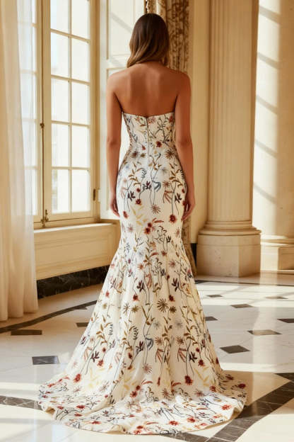 White Mermaid Strapless Long Floral Prom Dress