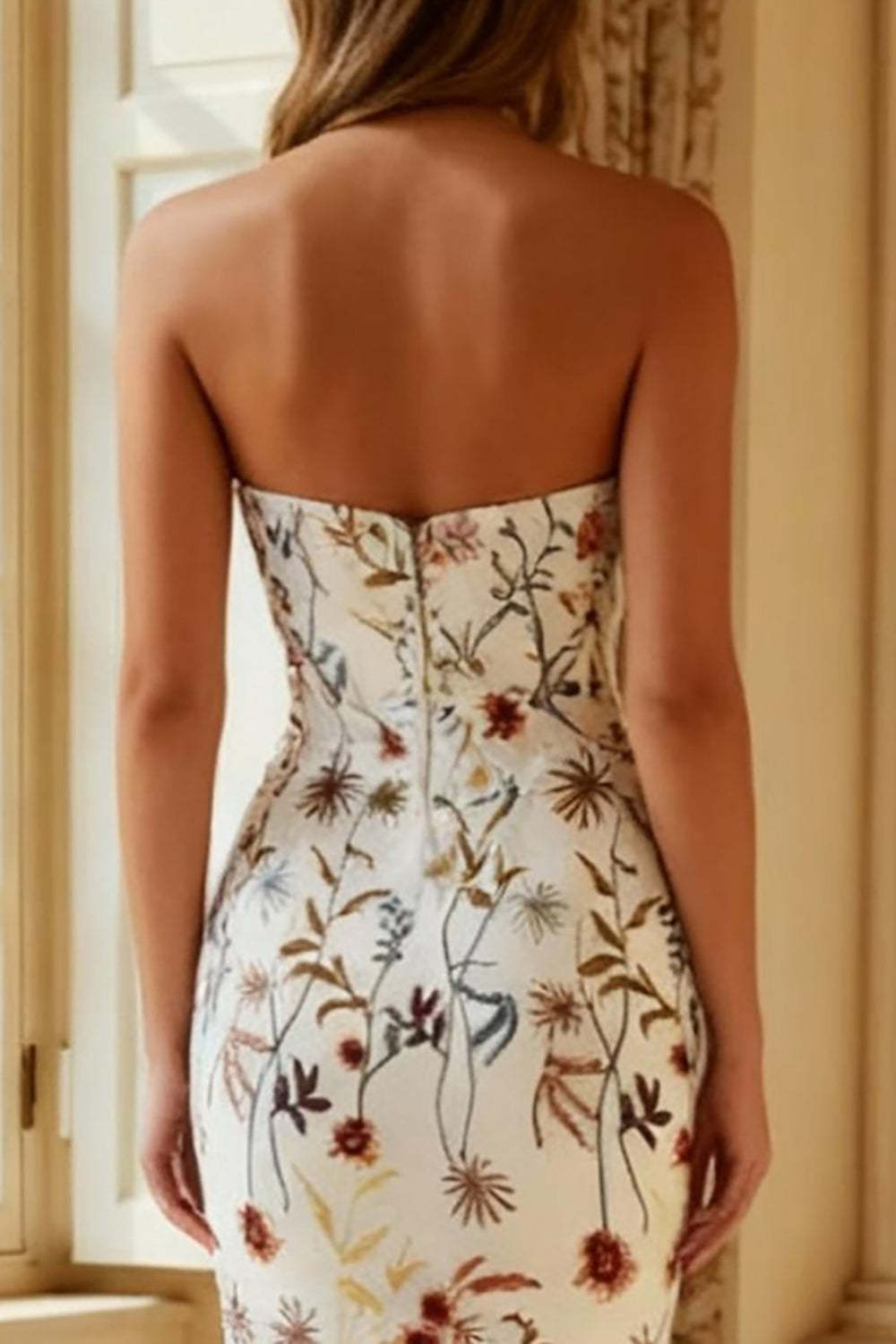 White Mermaid Strapless Long Floral Prom Dress