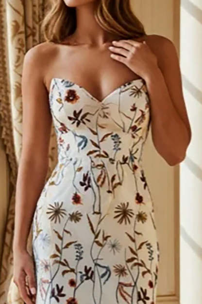 White Mermaid Strapless Long Floral Prom Dress