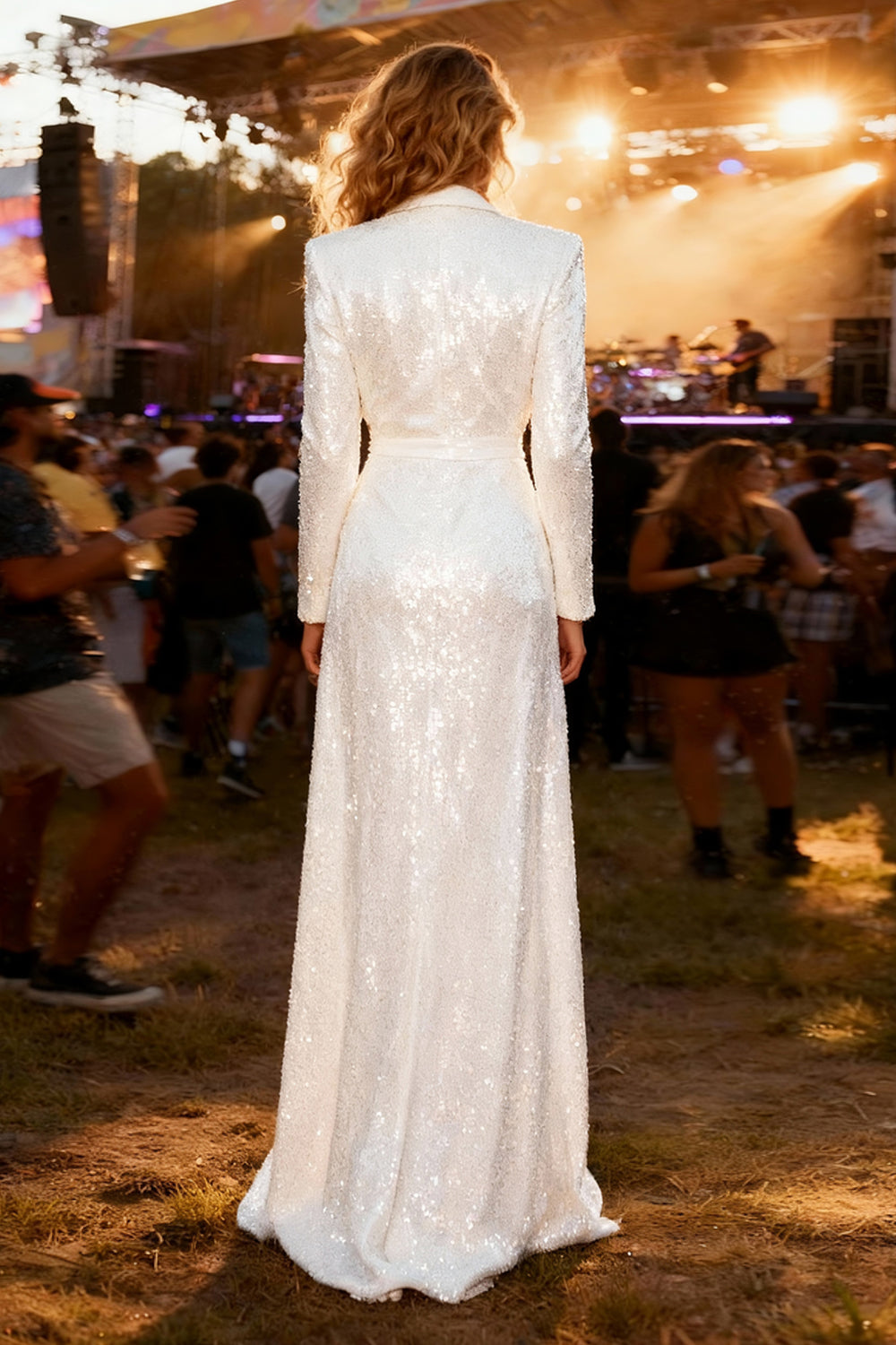 Sparkly White Long Sequin Shawl Lapel Blazer Party Dress with Slit