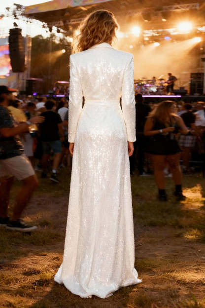 Sparkly White Long Sequin Shawl Lapel Blazer Party Dress with Slit