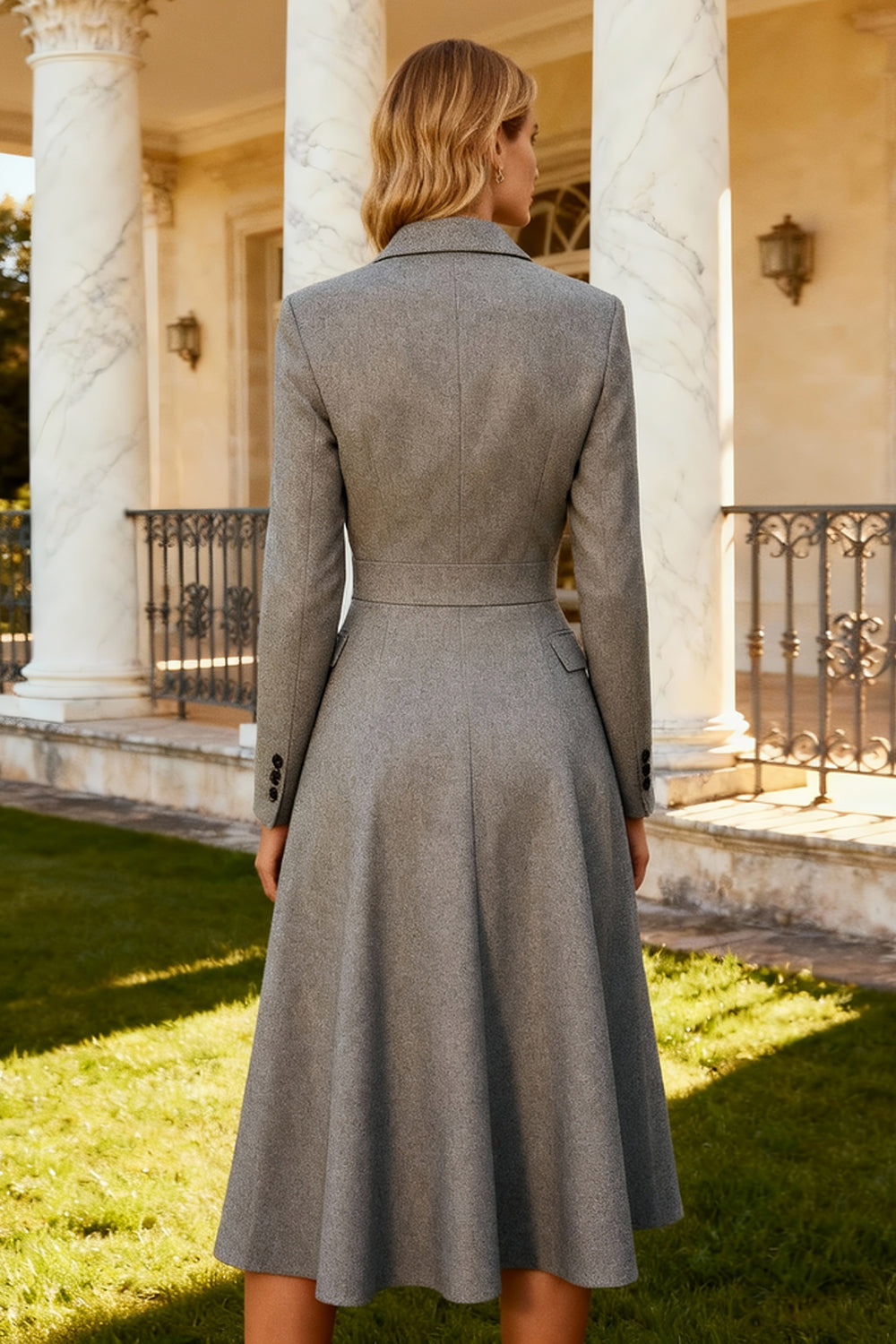 Grey Single Breasted Notched Lapel A Line Midi Blazer Dress