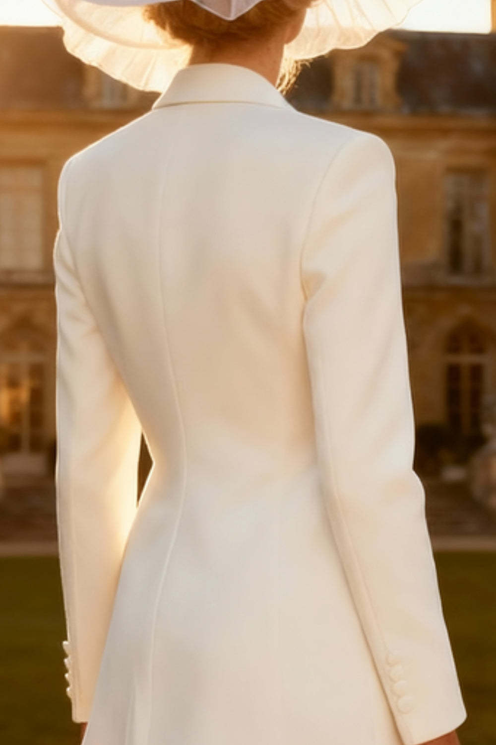 White A Line Peak Lapel Midi Blazer Wedding Dress with Tulle