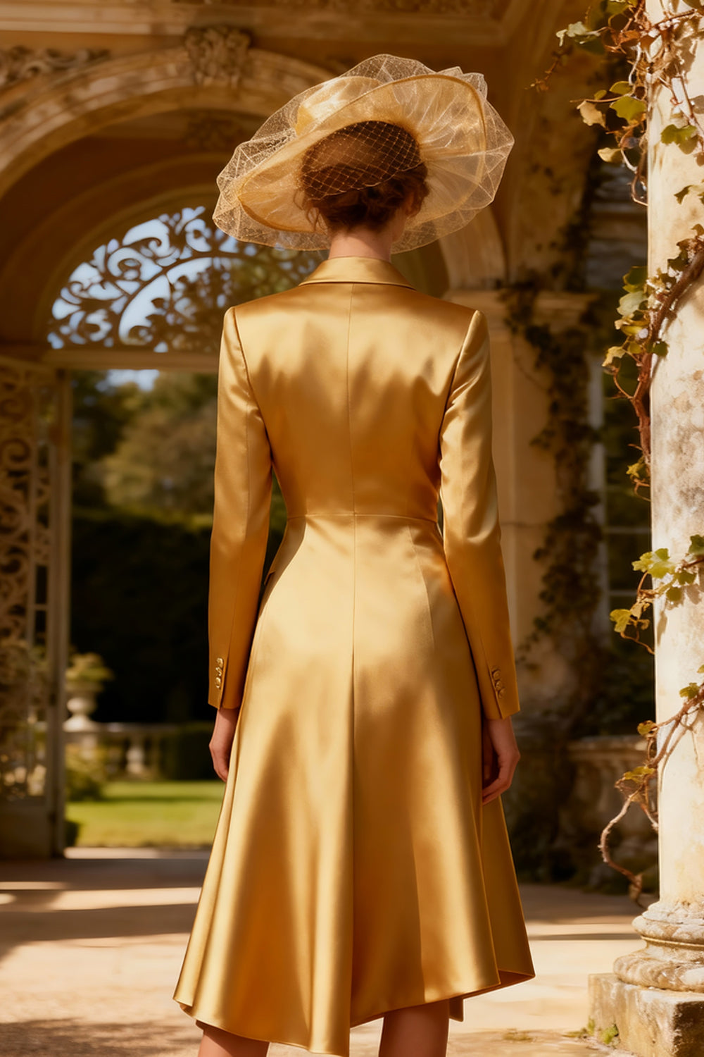 Elegant Gold Peak Lapel Midi Blazer Dress with Sleeves