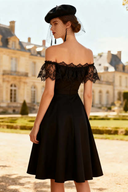 Off the Shoulder A-Line Little Black Dress with Lace