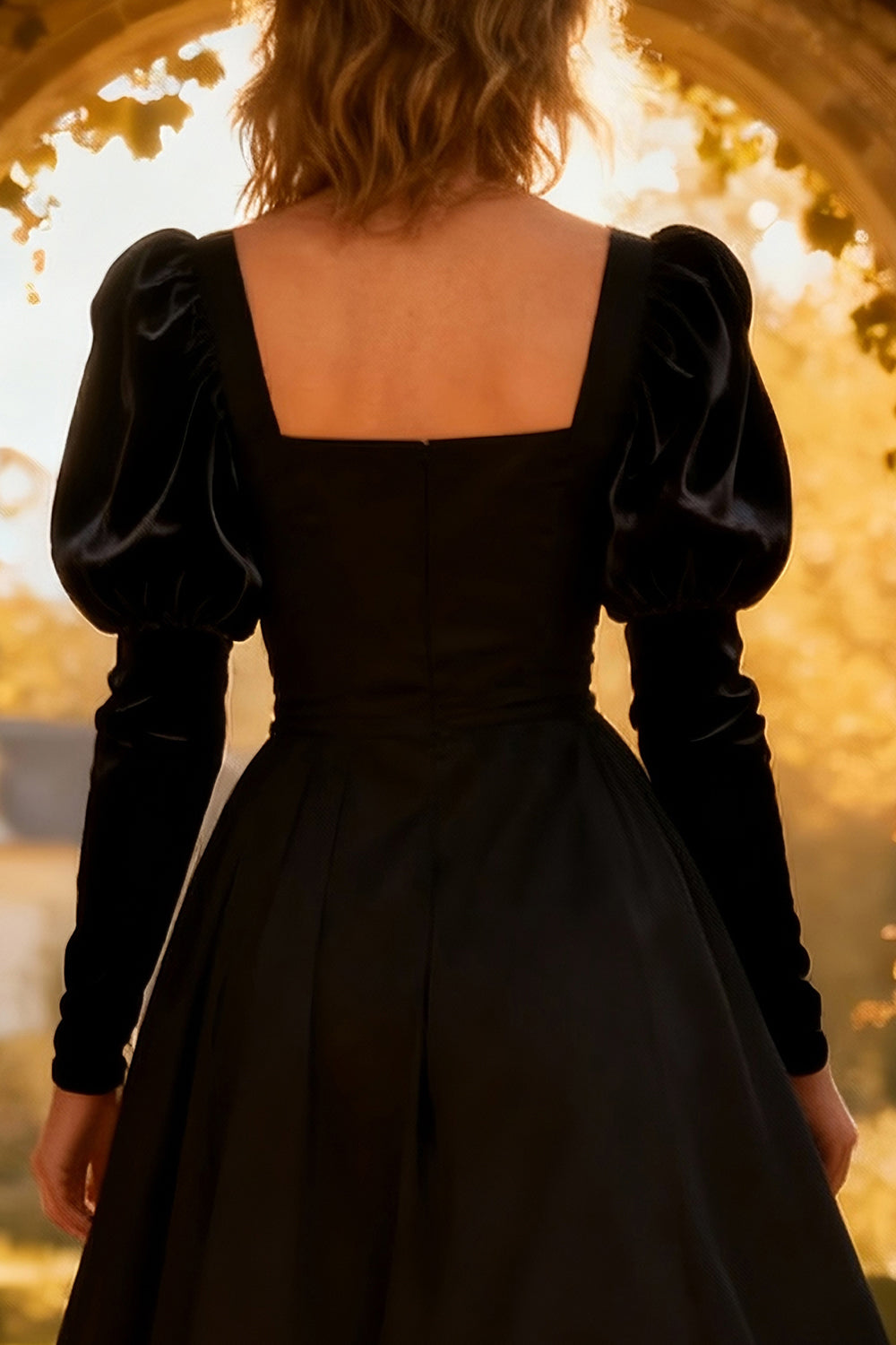 Square Neck A-Line Long Sleeves Little Black Dress