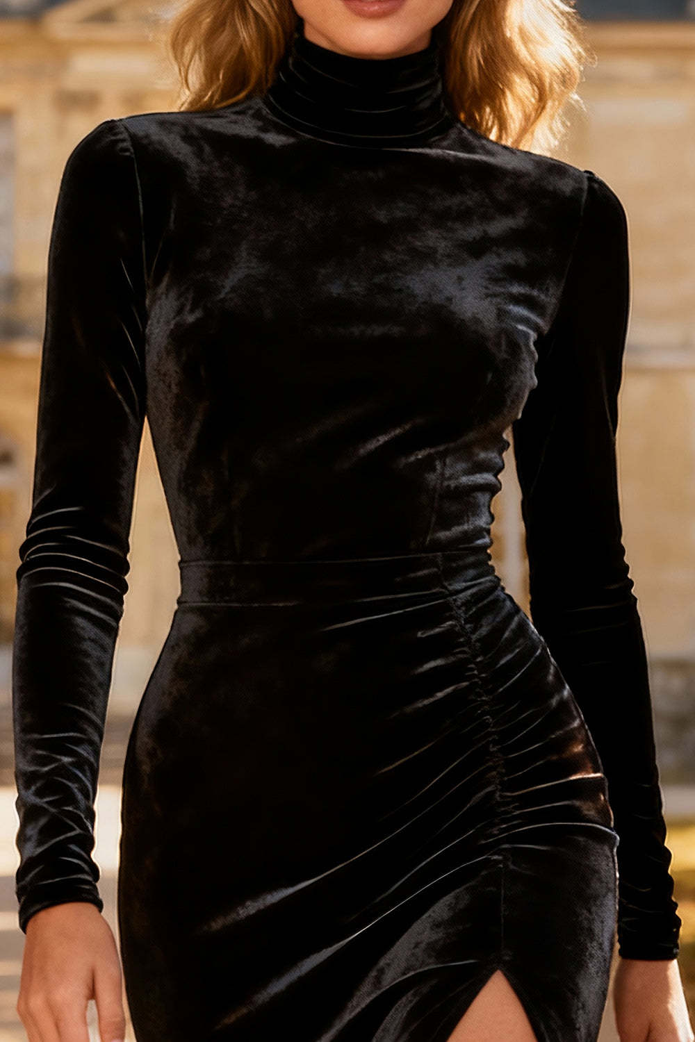 Black Bodycon Midi Velvet Holiday Party Dress with Slit