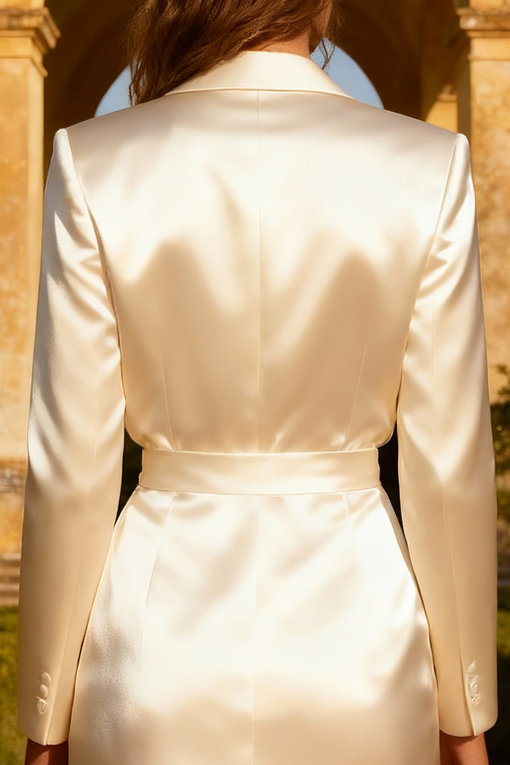 White Peak Lapel Satin Short Blazer Wedding Dress with Button