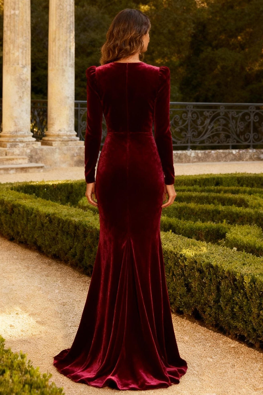Burgundy Mermaid Velvet Long Evening Dress with Sleeves