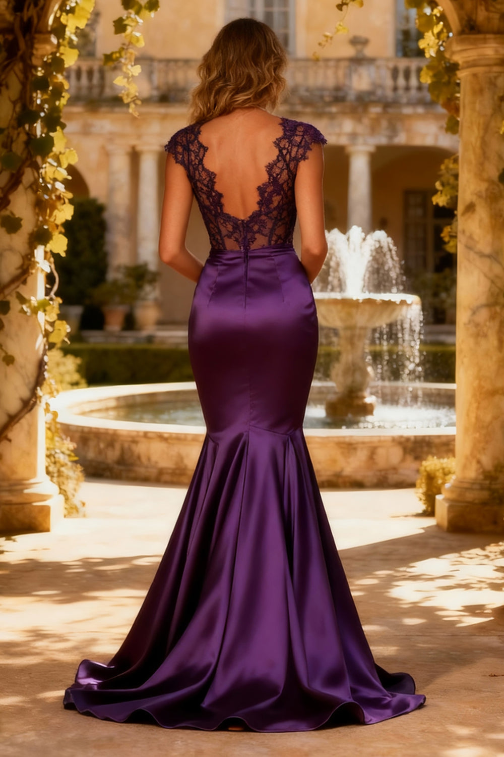 Purple V Neck Mermaid Corset Long Prom Dress with Lace
