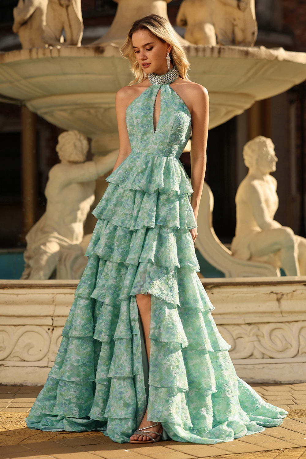 Sparkly Sage Green Tiered A Line Keyhole Long Prom Dress with Slit