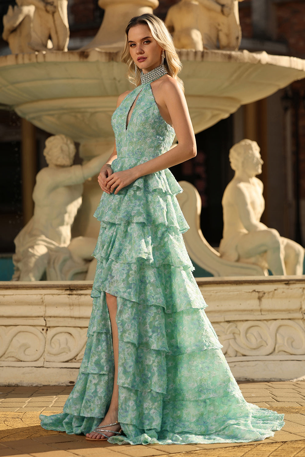 Sparkly Sage Green Tiered A Line Keyhole Long Prom Dress with Slit