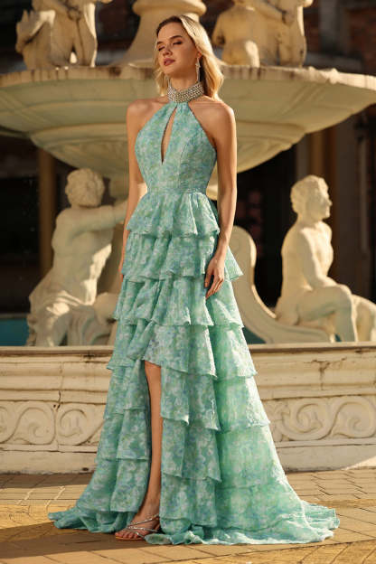 Sparkly Sage Green Tiered A Line Keyhole Long Prom Dress with Slit