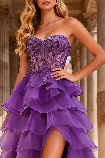 Purple Ruffled Sweetheart Long A-Line Corset Prom Dress with Lace