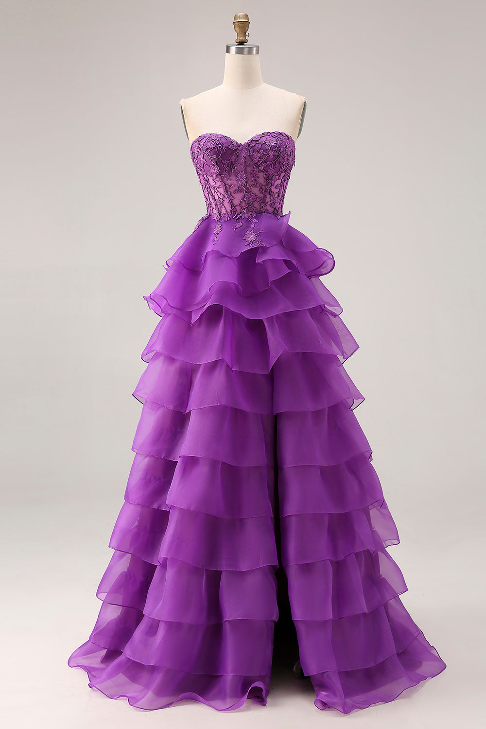 Purple Sweetheart Corset A-Line Long Ruffled Prom Dress with Lace