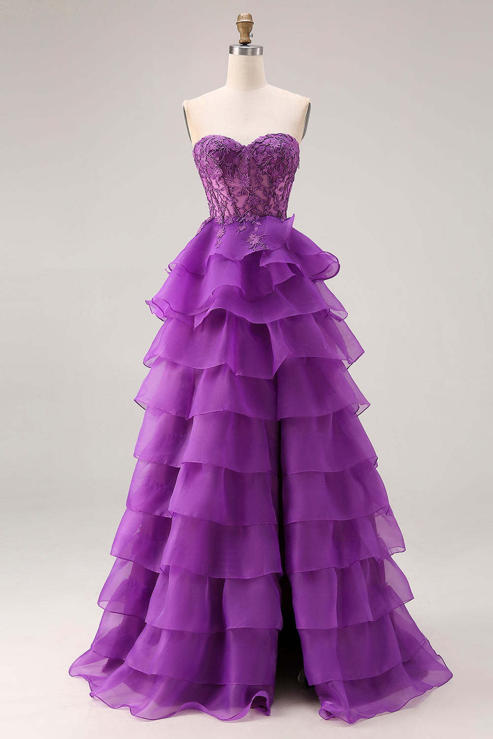 Purple Ruffled Sweetheart Long A-Line Corset Prom Dress with Lace