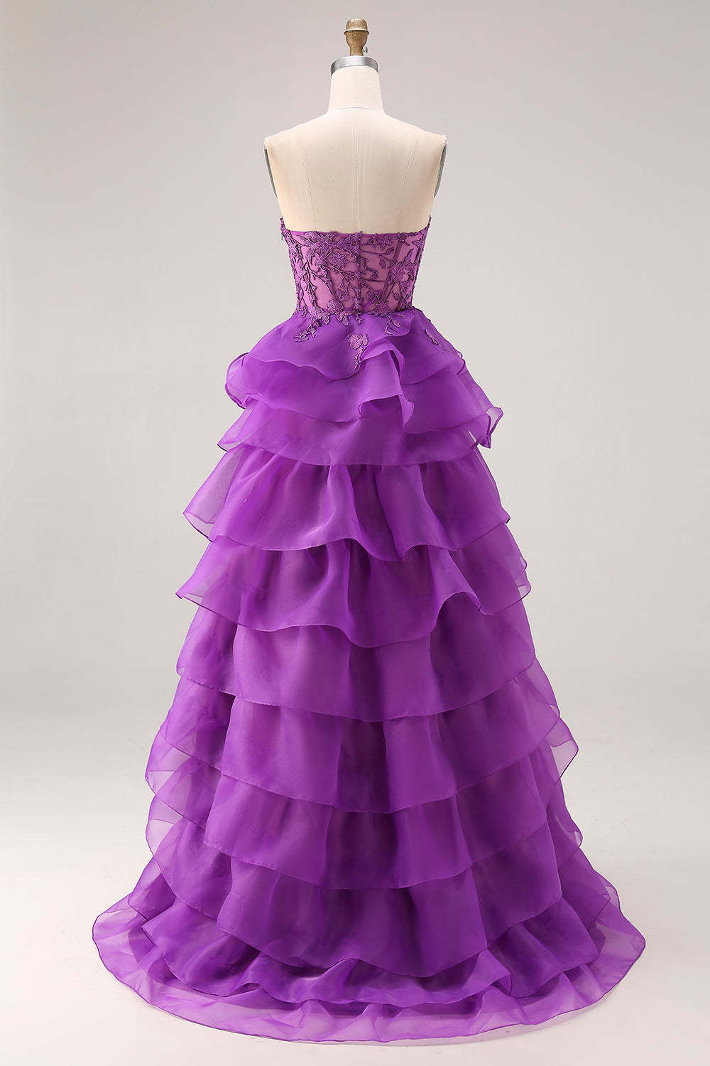Purple Ruffled Sweetheart Long A-Line Corset Prom Dress with Lace