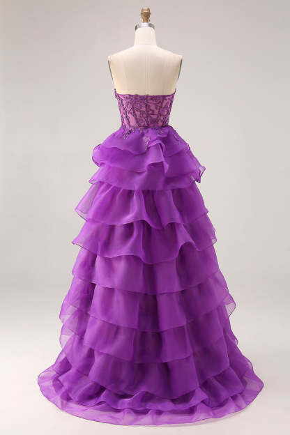 Purple Ruffled Sweetheart Long A-Line Corset Prom Dress with Lace