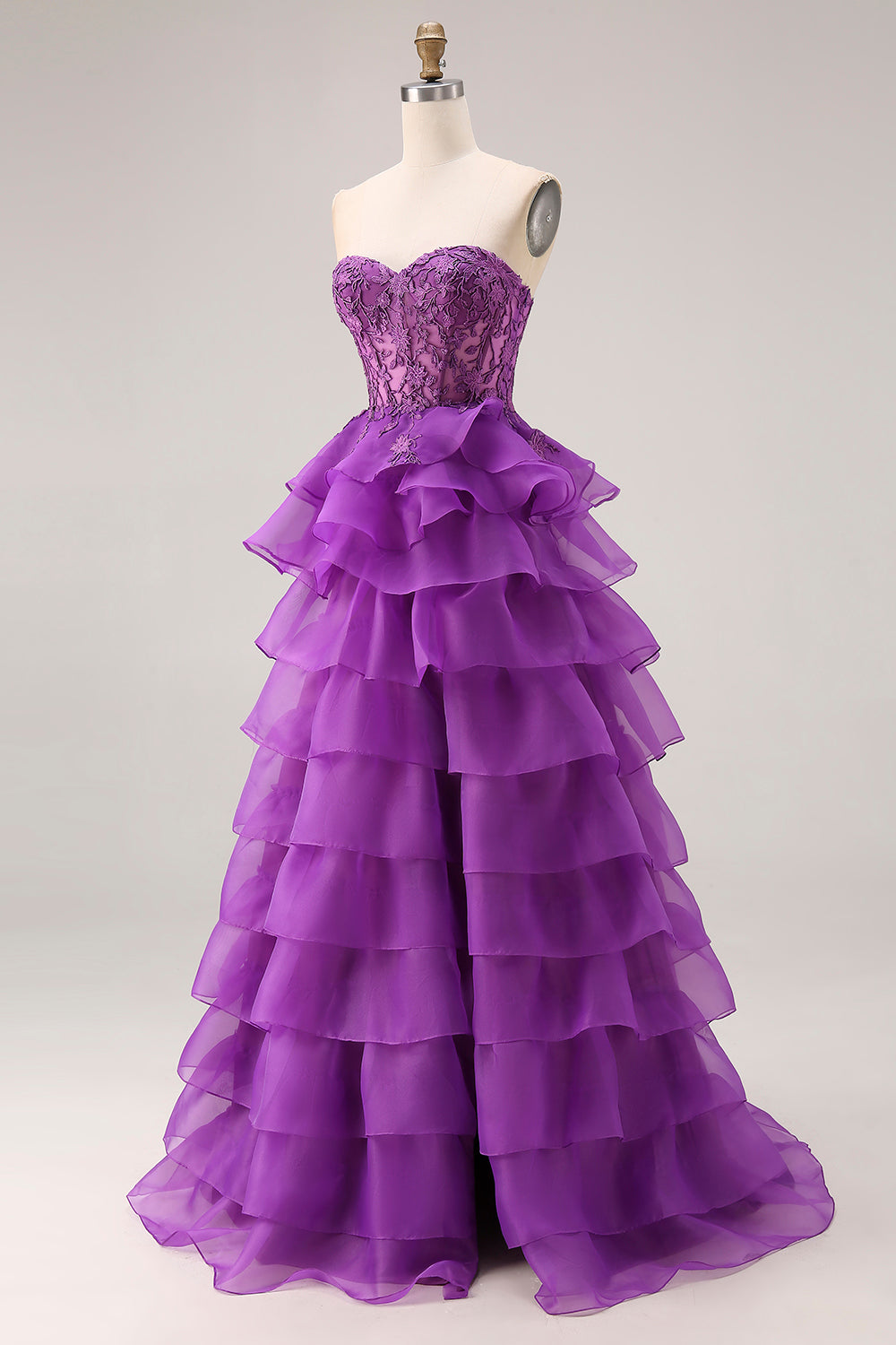 Purple Sweetheart Corset A-Line Long Ruffled Prom Dress with Lace