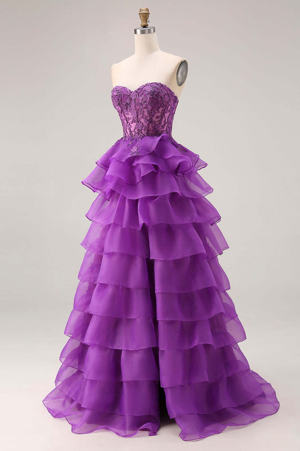 Purple Sweetheart Corset A-Line Long Ruffled Prom Dress with Lace