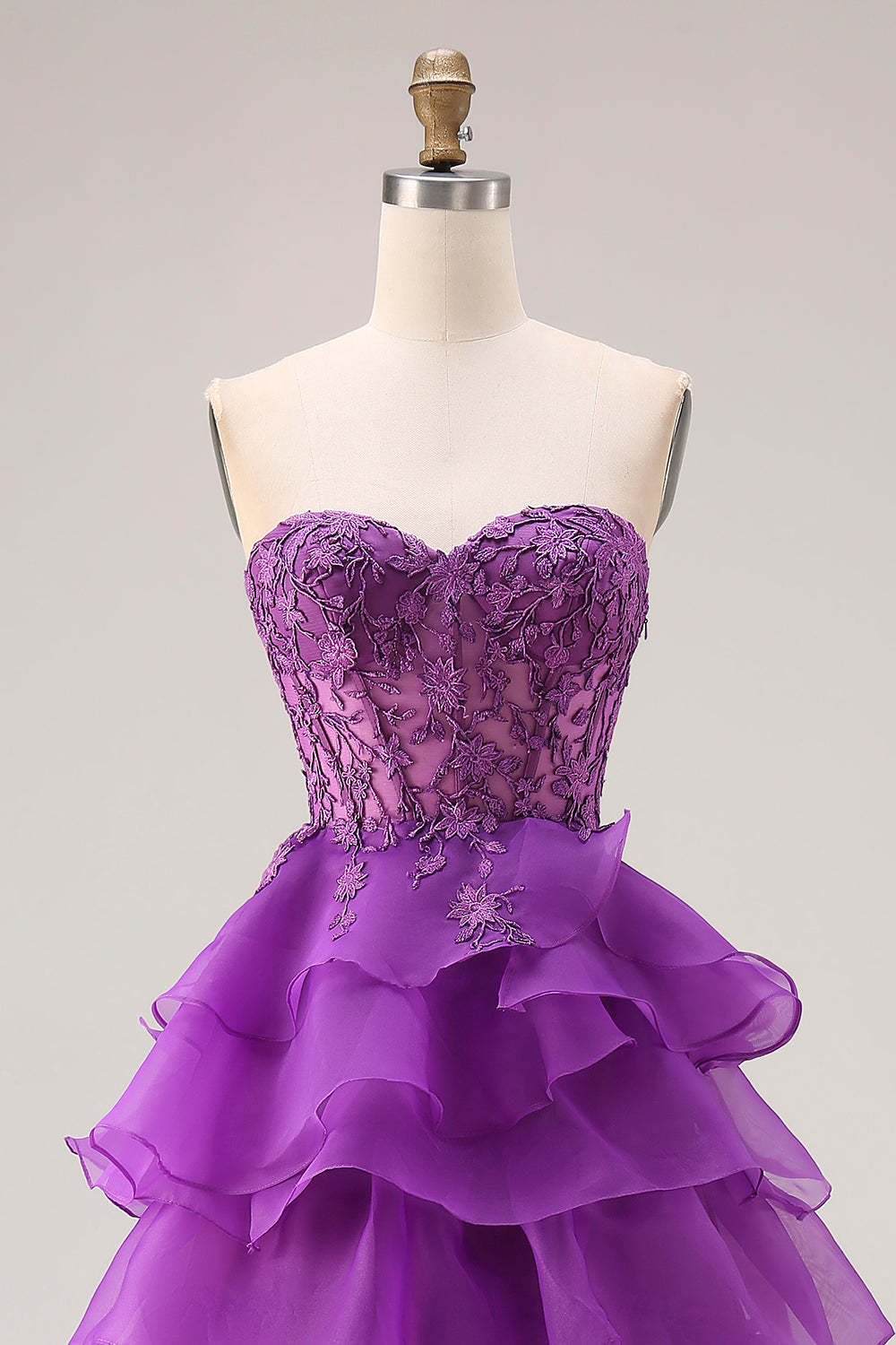 Purple Sweetheart Corset A-Line Long Ruffled Prom Dress with Lace