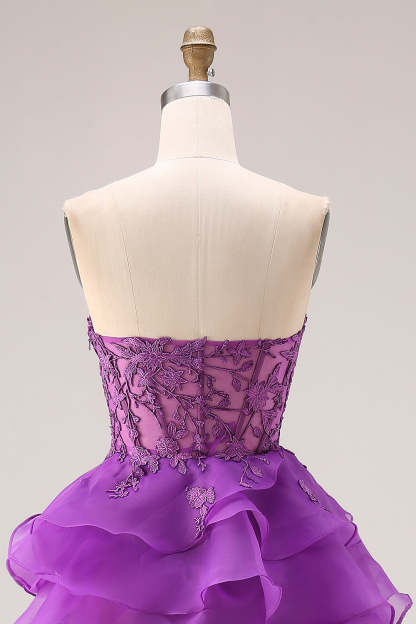 Purple Sweetheart Corset A-Line Long Ruffled Prom Dress with Lace