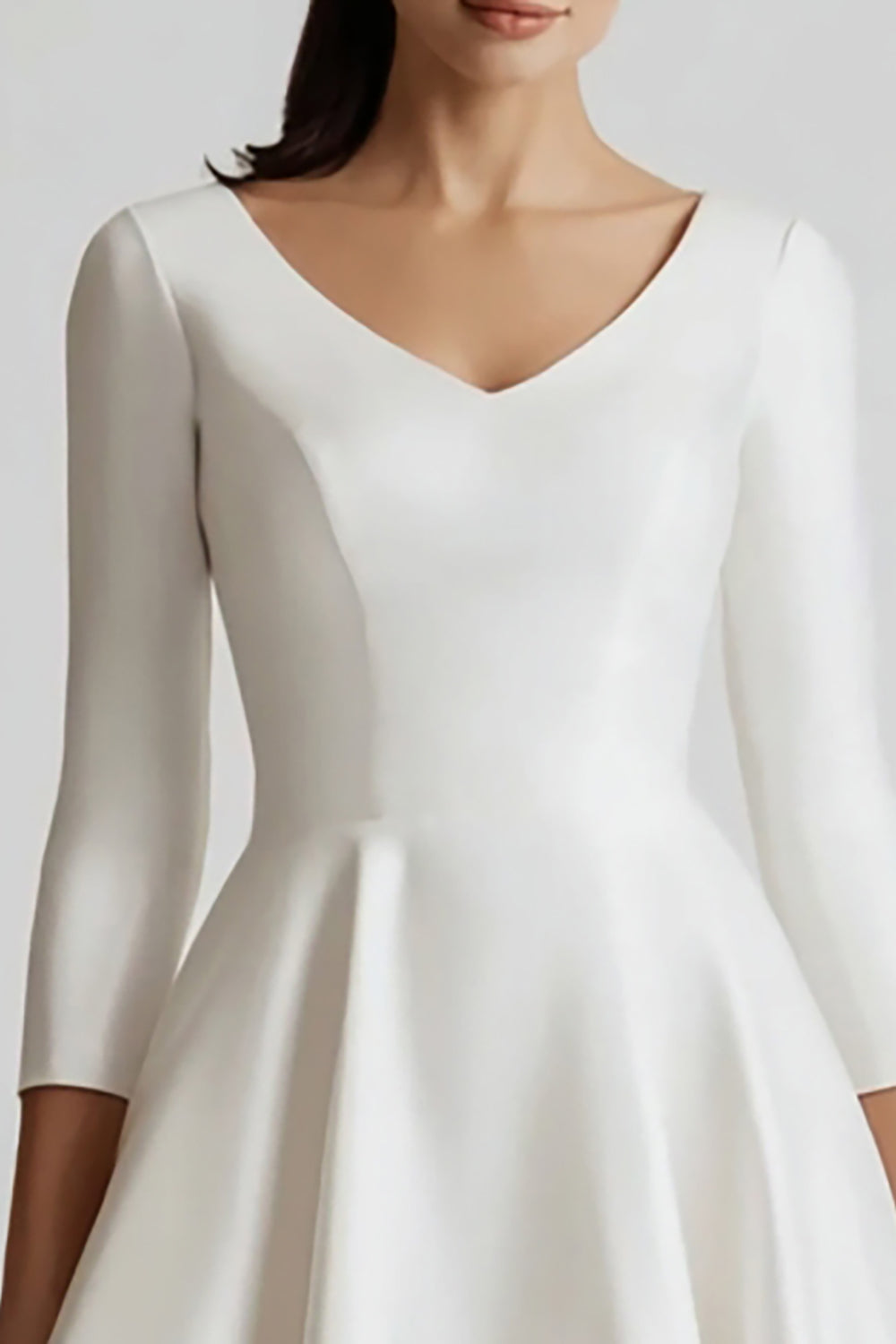 White Satin A Line V-Neck Midi Engagement Dress with Sleeves
