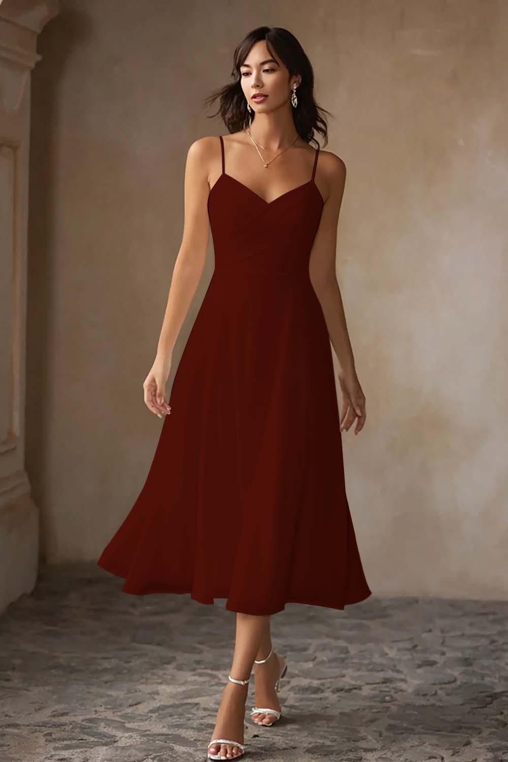 Simple White Chiffon A Line Spaghetti Straps Midi Engagement Dress