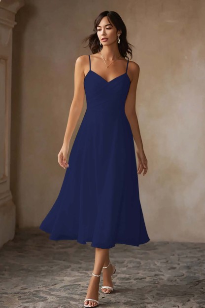 Simple White Chiffon A Line Spaghetti Straps Midi Engagement Dress