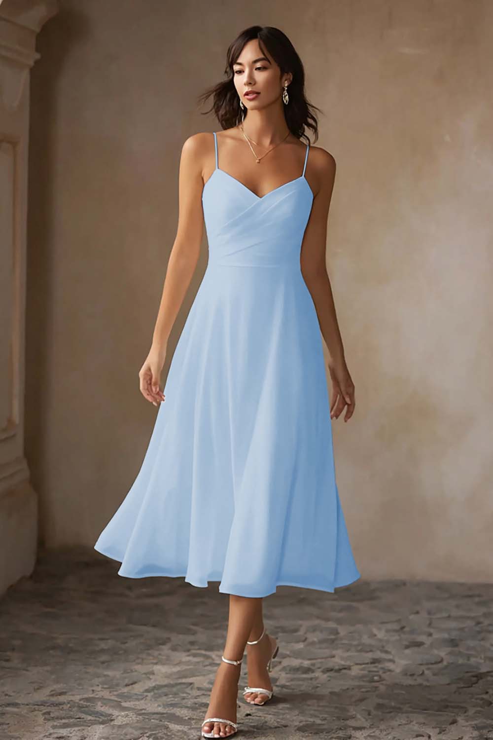 Simple White Chiffon A Line Spaghetti Straps Midi Engagement Dress