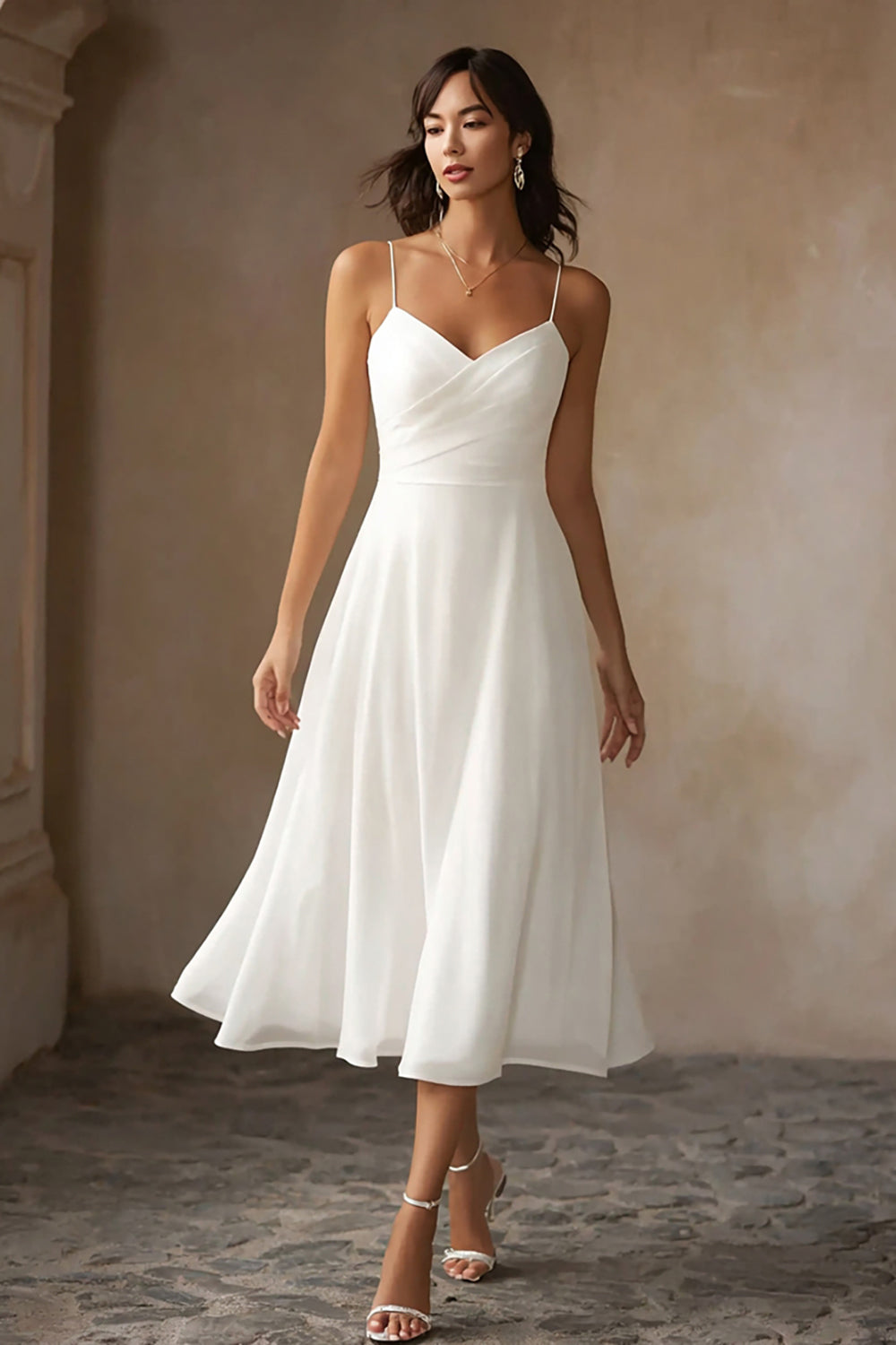 Leely Women Simple White Chiffon Midi Engagement Dress A Line Spaghetti Straps Wedding Reception Dress Elopement Dress